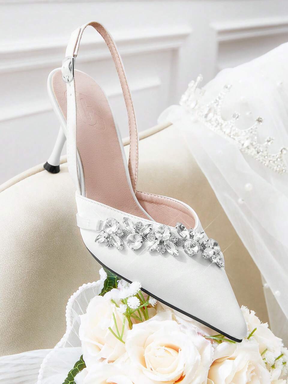 CUCCOO HITCHD Rhinestone Chain Necklace Elegant Bridal High Heel Pumps, Pointed Toe Stilettos, White Satin Hollow Out Wedding Shoes For Bride & Bridesmaid Spring Shoes Spring Break Easter For Christmas
