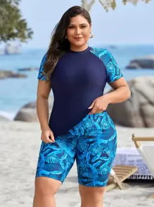 Swim Lushoire 大码热带植物印花比基尼上衣和下装，夏季海滩度假