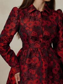 Aveloria Rosie 女式花卉提花褶皱腰长袖迷你连衣裙节日派对连衣裙优雅时尚风格全身印花 - 紅色 - 查看 7