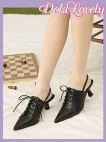 Dola Lovely Women's Spring/Summer New Lace-Up Plain Pointed Toe Cup Heel High Heel Shoes, Sweet Unique Design, Elegant Black Backless High Heels, Vintage Sophisticated Outfit Valentine's Day - Black - View 6