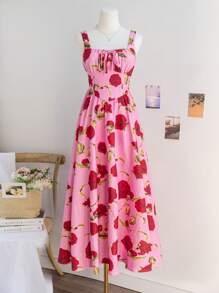 Soleia Vestido largo con tirantes anchos, estampado floral y nudo frontal en estilo vintage casual para mujer, para la primavera - Rosa - Ver 8