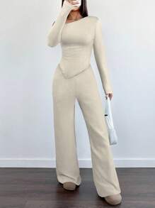 SHEIN Unity 2 件套女士冬季休闲毛绒面料不对称肩 T 恤 + 阔腿低腰裤套装 - 杏色 - 查看 3