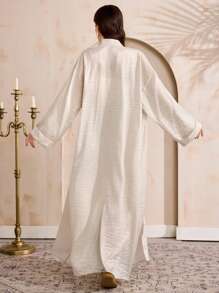 Al Najma 2 件套女士套装：保守长款纯色长袍和几何印花连衣裙 - 杏色 - 查看 5