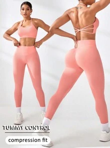 Easithlete 2pcs Women Seamless Sports Set/Racerback/Adjustable Strap/Yoga Workout Women Set - Pink - View 1