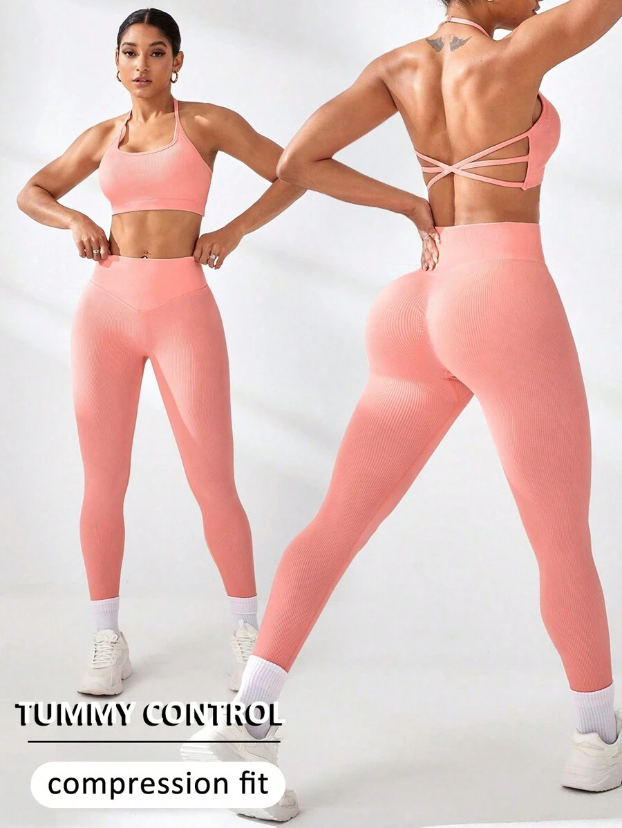 Easithlete 2pcs Women Seamless Sports Set/Racerback/Adjustable Strap/Yoga Workout Women Set - Pink - View 1