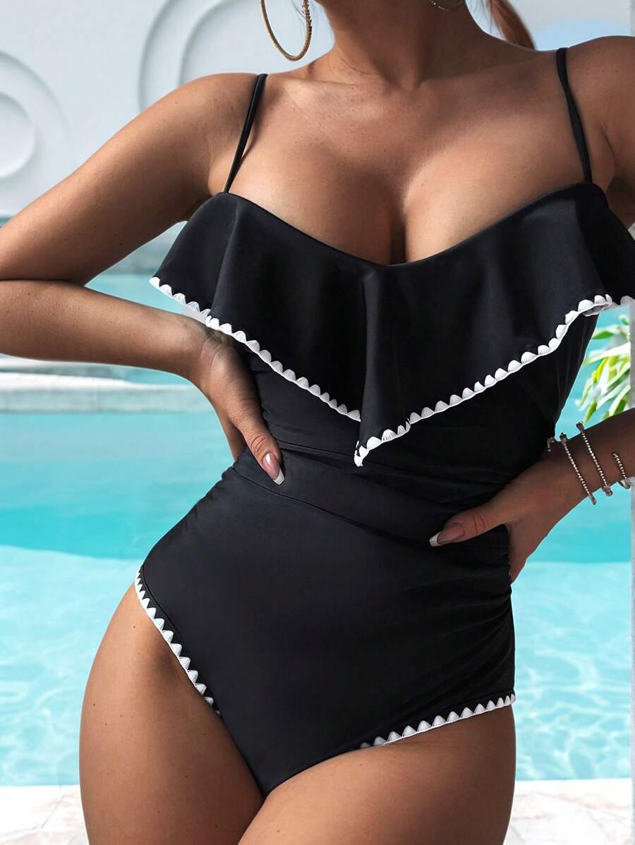 Summer Women's Elegant French Ruffle Trim Bodycon High Waist Ruched One-Piece Swimsuit