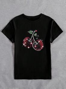 INAWLY 舒适樱桃印花圆领 T 恤，派对和节日氛围，女士黑色上衣，春夏时尚 - 黑色 - 查看 3