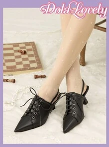 Dola Lovely Women's Spring/Summer New Lace-Up Plain Pointed Toe Cup Heel High Heel Shoes, Sweet Unique Design, Elegant Black Backless High Heels, Vintage Sophisticated Outfit Valentine's Day - Black - View 5