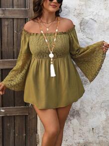 Breezaya Plus Size Women Solid Color Lace Splicing Off Shoulder Blouse - Yellow - View 5