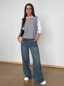 SHEIN Unity 女士休闲百搭圆领针织无袖灰色毛衣背心 - 灰色 - 查看 4