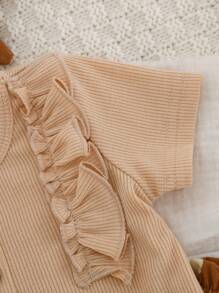 SHEIN Bộ áo liền thân dễ thương và thoải mái cho bé gái sơ sinh, áo liền thân dệt kim họa tiết trái tim kèm quần và băng đô, thích hợp cho mùa hè. - Màu be - Xem 4