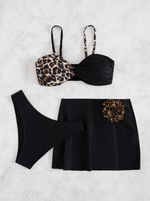 SHEIN Swim Summer Women's 3 Pieces Leopard Print Strappy Backless Spaghetti Strap Bikini Set, Casual Resort Wear Style With Soft Non-Wired Cups - Multicolor - View 6