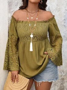 Breezaya Plus Size Women Solid Color Lace Splicing Off Shoulder Blouse - Yellow - View 1