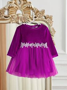 SHEIN Elladie kids Ramadan Partywear Mesh Dress, Baby Girl Luxury Velvet Mesh Patchwork Princess Dress - Violet Purple - View 3