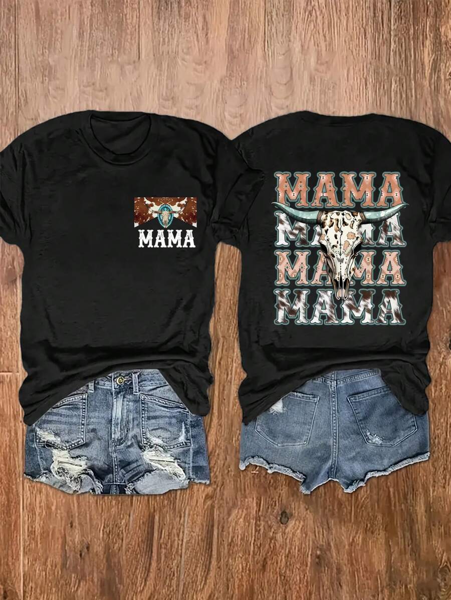 INAWLY Plus Size Casual Letter Print Short Sleeve Crew Neck Black T-Shirt, Western Cowboy Outdoor Vibe, Suitable For Spring/Summer - Black - View 1