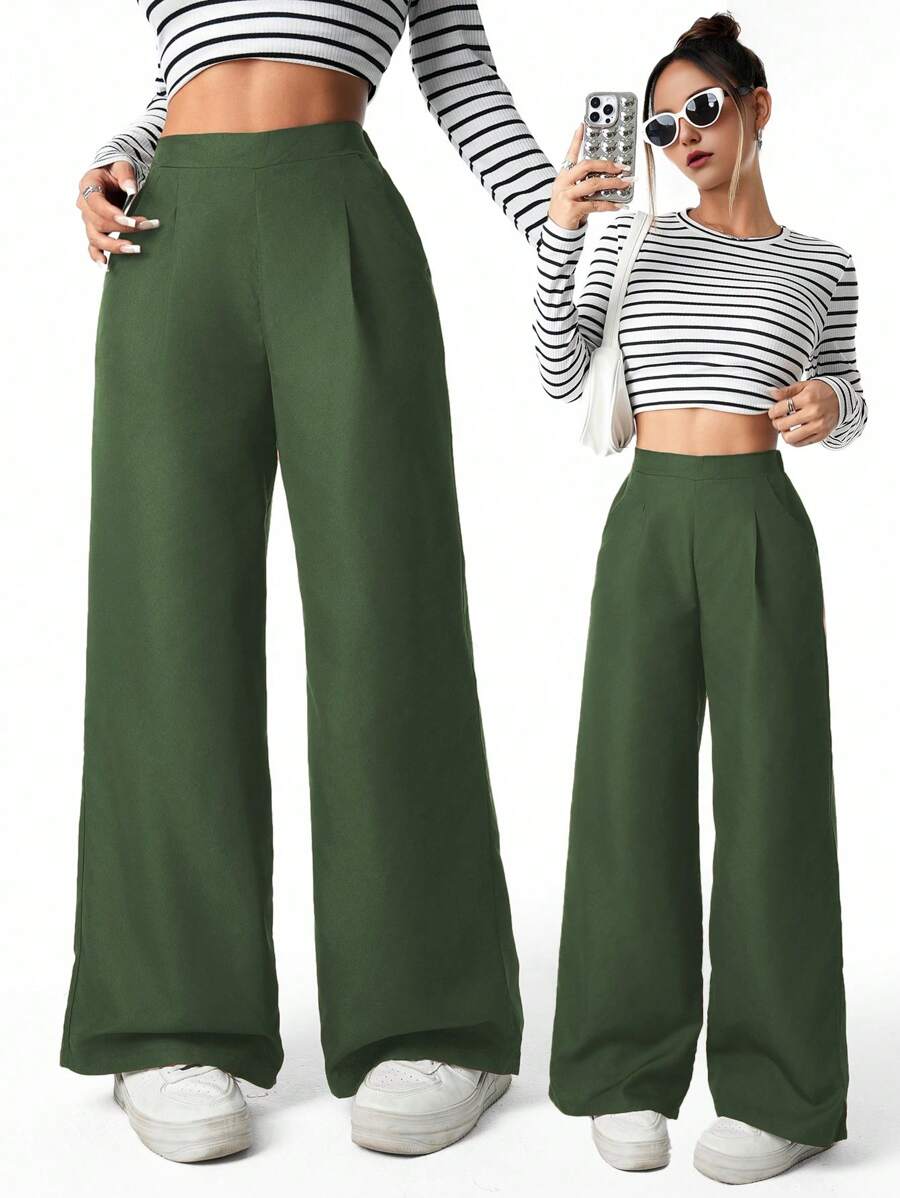 SHEIN Explorewe Loose Waist Pleated Wide Leg Green Pants For Teen Girls, Casual Fit, Suitable For Spring, Summer, Autumn, Winter, Versatile And Practical Design - Army Green - View 1