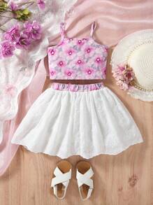 Baby Girls' Sleeveless Floral Print Tank Top & A-Line Bowknot Skirt 2 Pieces Set, Summer - White - View 5