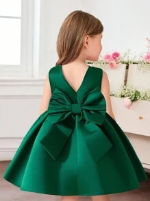 SHEIN Váy liền thân không tay cổ tròn 3D nơ cho bé gái, phong cách thường ngày - màu xanh lá - Xem 1