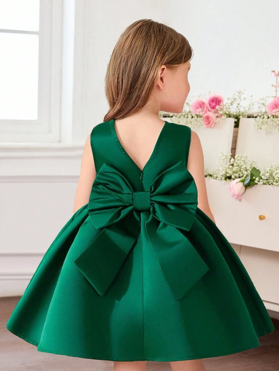 SHEIN Váy liền thân không tay cổ tròn 3D nơ cho bé gái, phong cách thường ngày - màu xanh lá - Xem 1