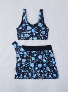 SHEIN Set de 3 atuendos de playa para mujer: Top con cordón estampado con plantas de diseño aleatorio, pantalones negros de corte alto con falda con estampado aleatorio y cordón, elegante conjunto de bikini - Multicolor - Ver 4