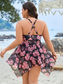 Swim Lushoire 大码经典度假热带叶印花比基尼上衣，适合夏季海滩度假