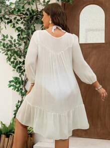Swim Lushoire Plus Size Plain Front Tie Attch Long Sleeve Tassel Decor Casual Cover Up For Summer Beach Vacation