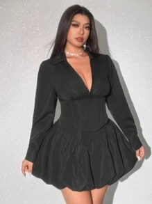 Viva Relle Plus Size Sexy Solid Deep V-Neck Cinched Waist Blouse And Ruched Mini Skirt 2 Pieces Set Fall Cloth For Women - Black - View 1