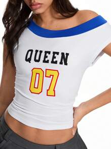 SHEIN Unity T-shirt moulant à manches tombantes avec imprimé lettres, en contraste de couleurs, style streetwear - Multicolore - Voir 4