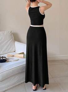 DAZY 2 件套女士优雅裹身吊带背心套装，春夏 - 黑色 - 查看 4