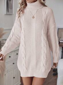 SHEIN LUNE Women Casual Solid Color Turtleneck Sweater Dress For Autumn/Winter - Apricot - View 6