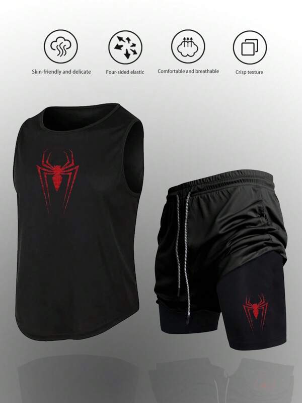 Manfinity Sport PWRUP Conjunto deportivo de 2 piezas de chaleco y pantalones cortos sin mangas casuales para hombre, elegante y versátil para uso diario