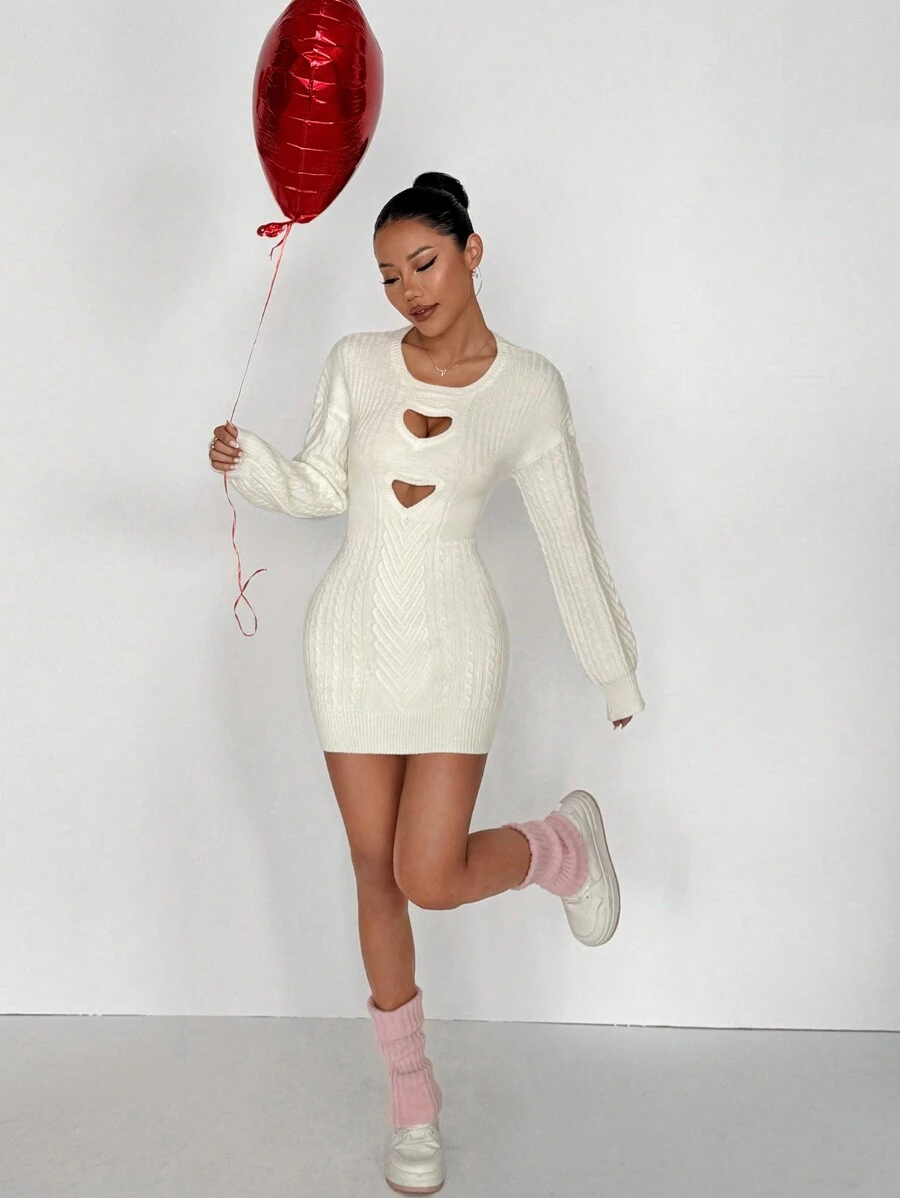 Flirla Vestido de punto con diseño de corazón hueco, versátil, para el Día de San Valentín - Blanco - Ver 1