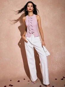 Poéselle Parte superior ajustada romántica sin mangas con lazo central rosa en el frente - Uso diario simple y elegante, tops para el Día de San Valentín, tops de primavera, tops coquetos, tops de verano lindos