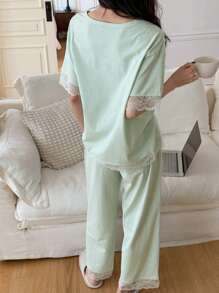 DAZY 2 件套女士条纹宽松短袖睡衣套装 - 綠色 - 查看 2
