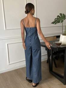 Livesso Women's Sleeveless Gathered Wide Leg Loose Casual Denim Jumpsuit Overalls - Medium Wash - View 5
