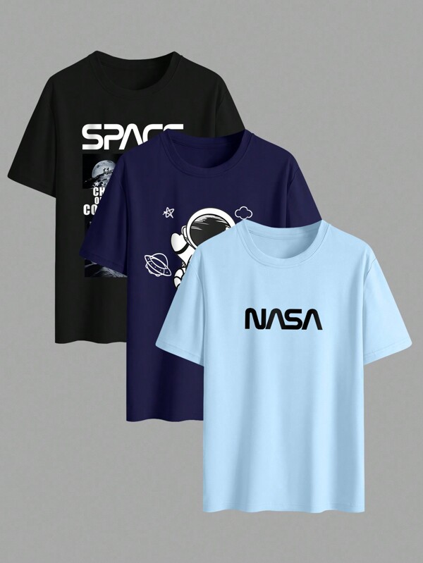 Manfinity Hypemode 3pcs Men's Casual Astronaut Letter Print Short Sleeve T-Shirt