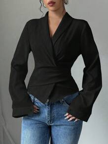 SHEIN PETITE 杏色 V 领系腰蝴蝶结优雅浪漫女士衬衫