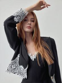 MOTF STUDIO 对比色蕾丝条纹西服 - 深灰色 - 查看 5