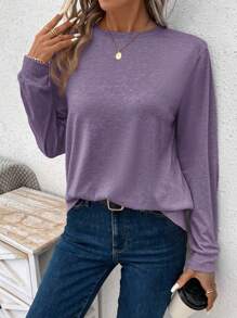 SHEIN LUNE Camiseta de manga larga de cuello redondo de unicolor informal para mujer