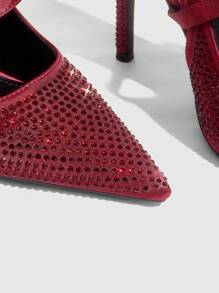 CUCCOO SZL Tacones de aguja con correa de tobillo y brillos completos de color rojo vino, de tacón alto y puntera puntiaguda, para fiesta y uso sexy para mujeres