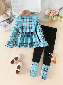 Conjunto de 2 piezas de camiseta de manga raglán de cuello redondo a cuadros y leggings de cintura elástica de unicolor ajustados para niñas jóvenes, para principios de primavera