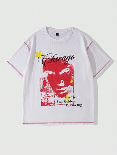 Street Life تي شيرت كاجوال قصير الأكمام بنقشة وجه بسيطة للرجال ، للربيع / الصيف