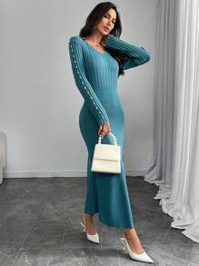 Modelyn Vestido jersey casual de manga larga con cuello en V y decoración de perlas sintéticas para mujer - Agua verde azul - Ver 5