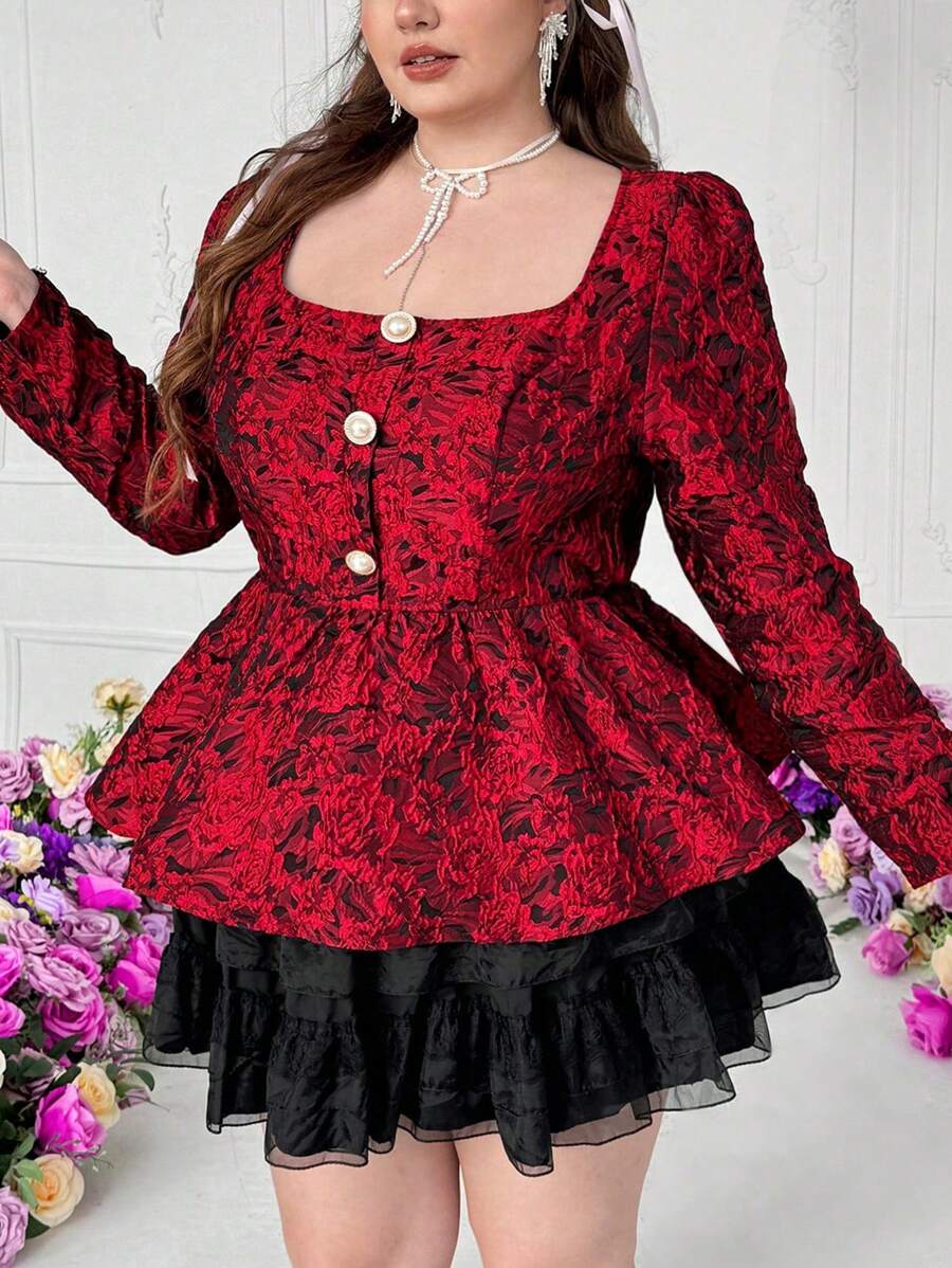 Flirla Plus Size Elegant Button Decor Ruffle Trim Crew Neck Long Sleeve Blouse, Suitable For Dates Peplum Top,Valentine Fall Cloth For Women - Red - View 1