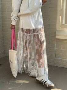 SHEIN EZwear Chân váy chữ A Maxi màu trắng phối ren lưng thun, thanh lịch, cỡ lớn cho mùa xuân và mùa hè - trắng - Xem 5