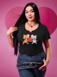 TOM & JERRY X SHEIN Plus Size Black Bow Decor Heart Graphic Cute T-Shirt, Suitable For Date & Everyday Wear For Summer