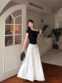 DAZY Women's Korean Style Bow A-Line Glossy Solid Color Skirt Fall Skirts - White - View 5