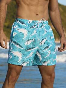 Manfinity Swimmode Men's Shark Print Drawstring Waist Beach Shorts Men Swim Trunks - Blue - View 9