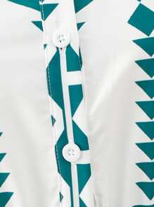 SHEIN 1pc Teen Girl Geometric Digital Print V-Neck A-Line Ruffled Hem Loose Fit Long Sleeve Spring/Ramadan Dress, Suitable For Outing And Home(Sibling Outfits Matching Outfits, 2 Pieces Sold Separately) - Blue and White - View 3