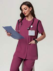 Anti-Wrinkle Contrasting Color Short Sleeve Women's Scrub Uniform Top Scrub Sets For Women - Red Violet - View 6